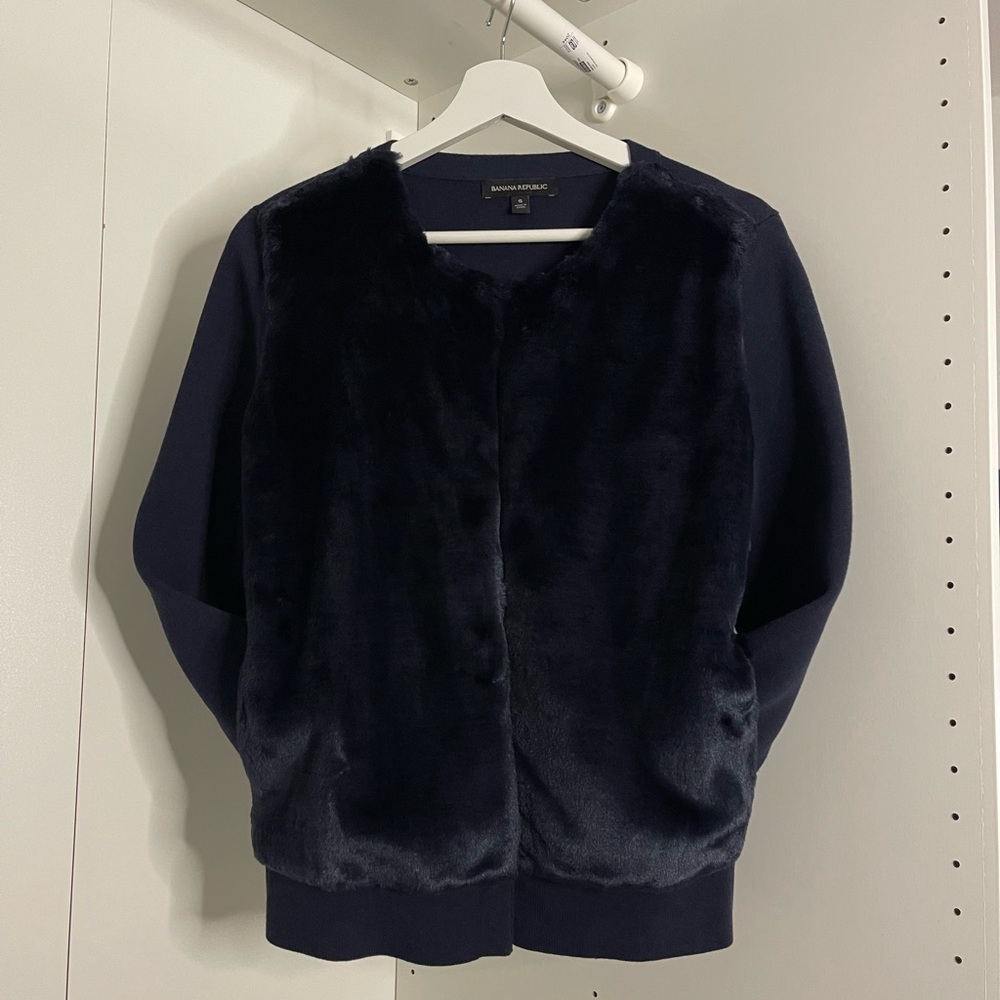 Banana Republic Faux Fur Sweater Jacket, Navy